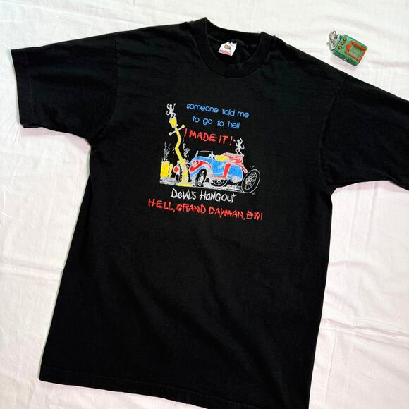 Vintage 90's Devil Hell Car Heavyweight T-Shirt - L - Picture 1 of 4